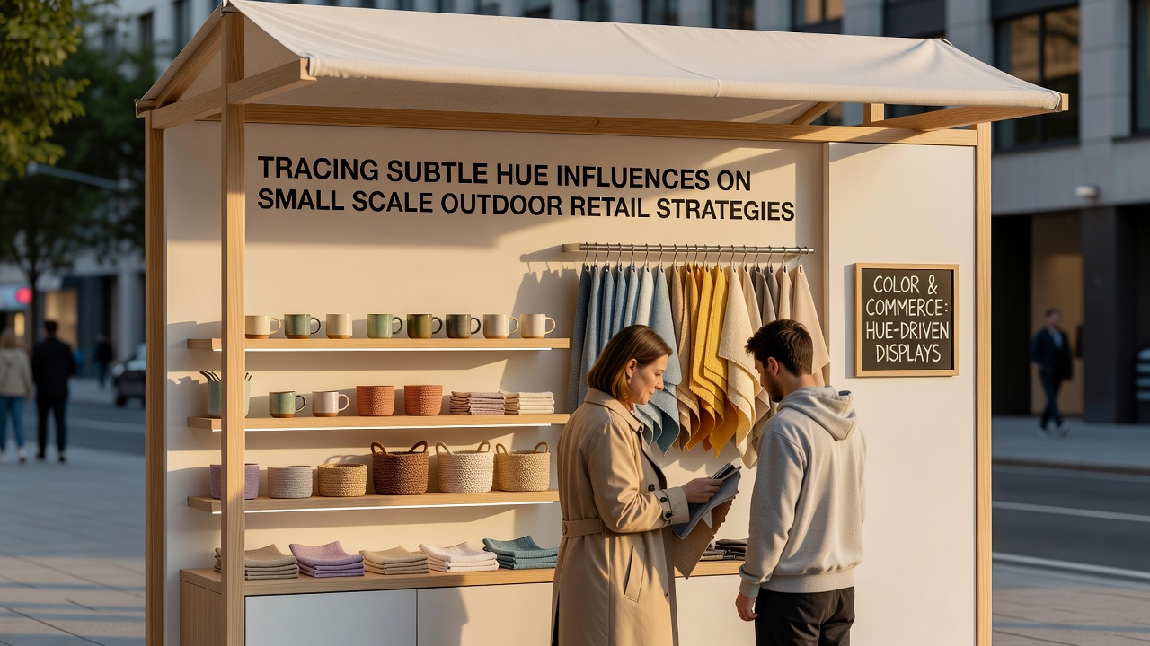 Close up view of hue coordinated outdoor retail signage and product groupings under varying light