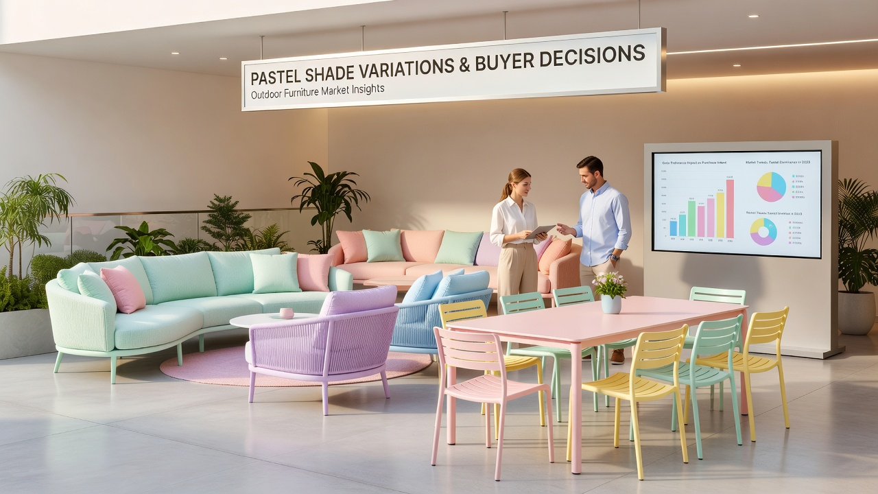 Close-up view of pastel outdoor seating arrangements illustrating shade differences in real lighting conditions